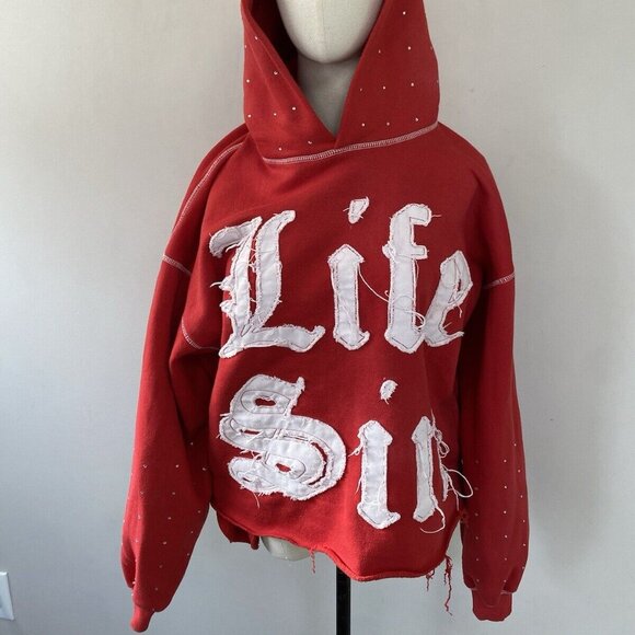 Y2K Life Of Sin Distressed Embroidered Bling Cross Hoodie - Picture 3 of 16